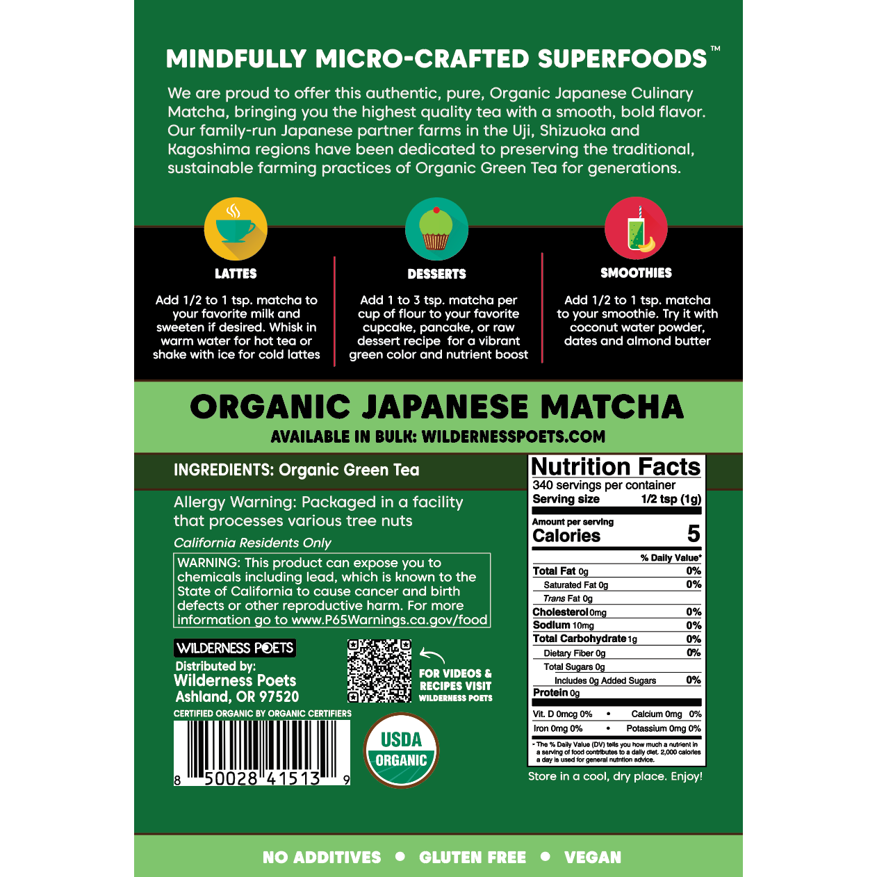 Matcha Green Tea Powder - Culinary Grade, Organic