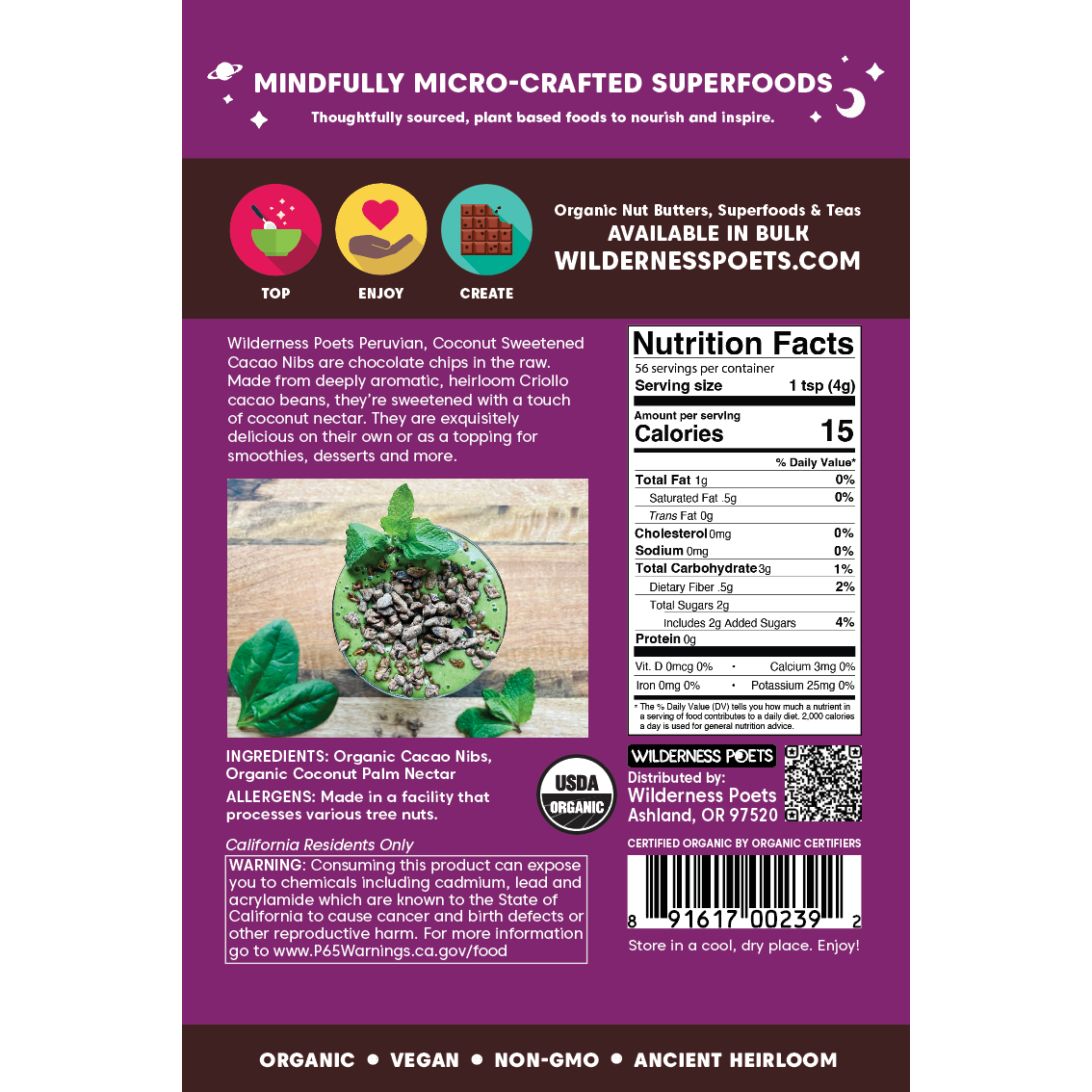 Cacao Nibs - Coconut Nectar Sweetened, Organic