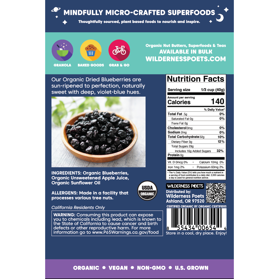 Blueberries - Oregon Grown, Dried, Organic