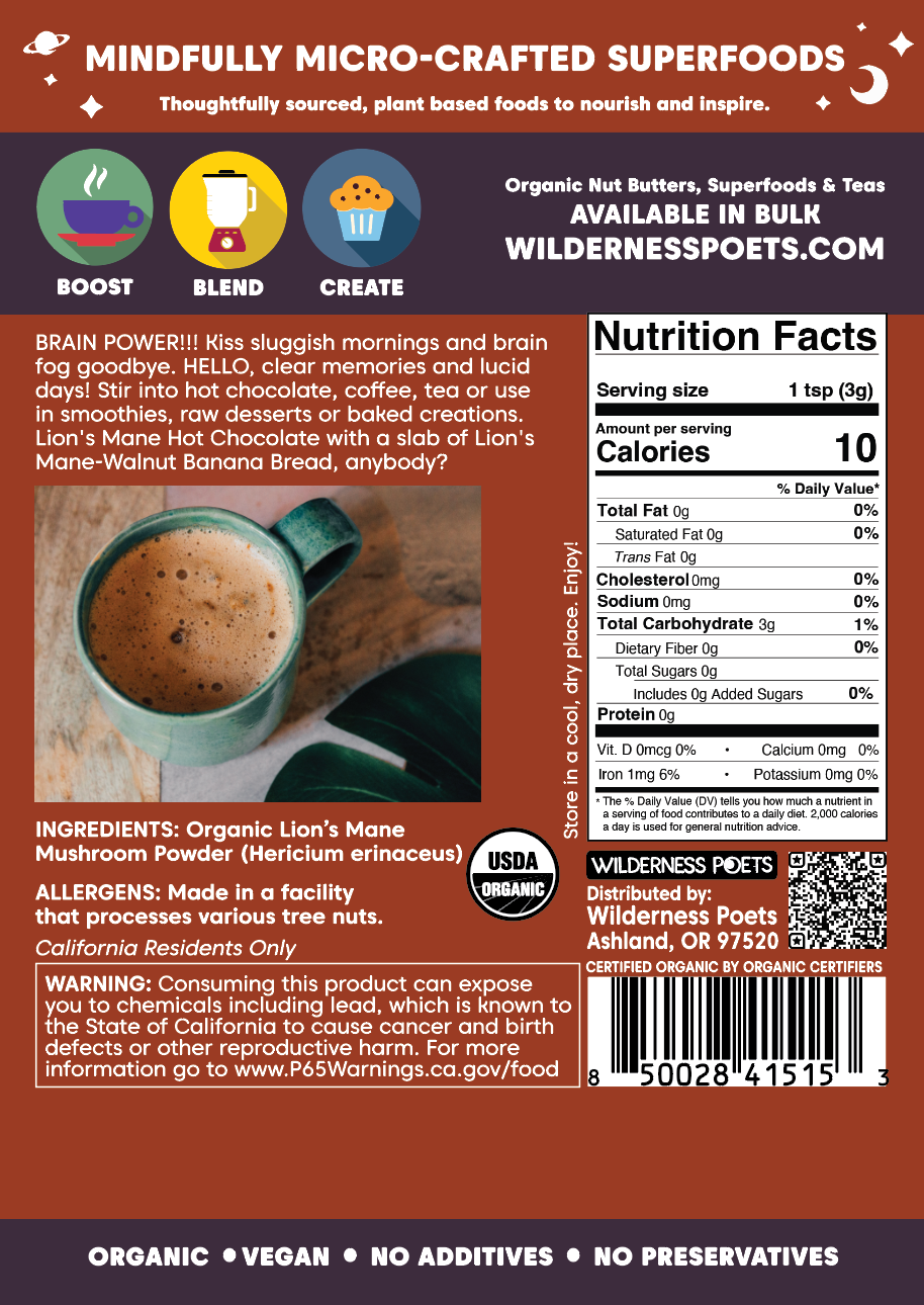 Lion's Mane Mushroom Powder - California Grown, Organic
